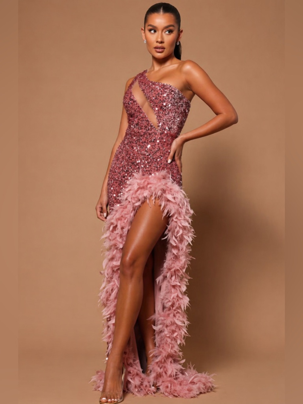 Rose Pink Sequin Feather One Shoulder Maxi Dress | High Low Gown